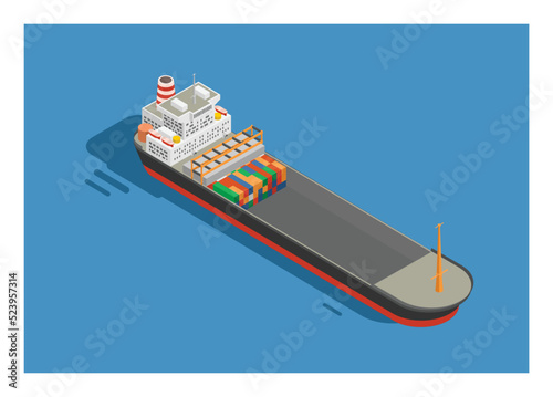 Container ship in isometric view with opened hold. Simple flat illustration.