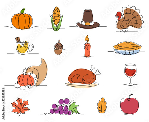 thanksgiving day colored line icon in continuous line drawing photo