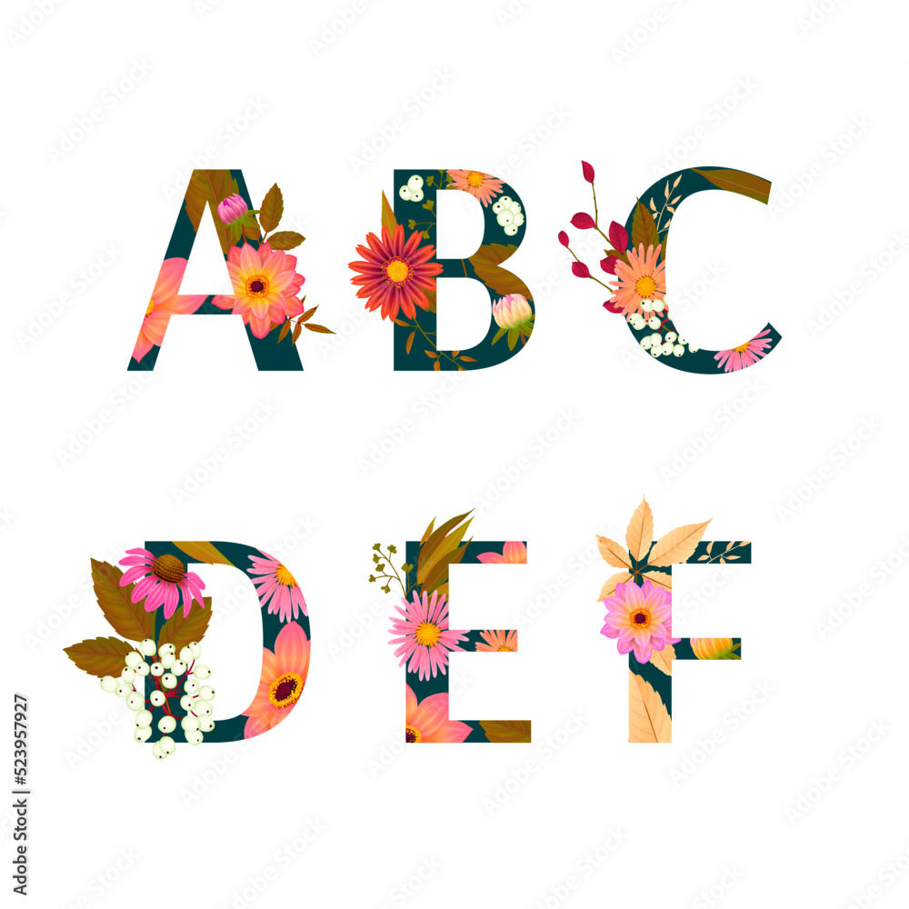 Alphabet with fall flowers and leaves, autumn letters A to F. Vector illustration isolated on white background. Alphabet with fall flowers and leaves, autumn letters A to F. Vector illustration isolated on white background.