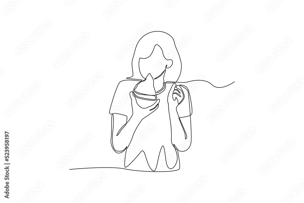 Single one line drawing beautiful girl eating pizza. World food day concept. Continuous line draw design graphic vector illustration. Single one line drawing beautiful girl eating pizza. World food day concept. Continuous line draw design graphic vector illustration.