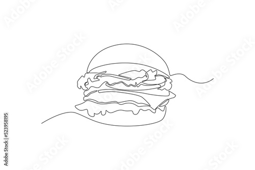 Single one line drawing fresh tasty burger. World food day concept. Continuous line draw design graphic vector illustration.