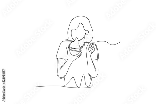 Single one line drawing beautiful girl eating pizza. World food day concept. Continuous line draw design graphic vector illustration.