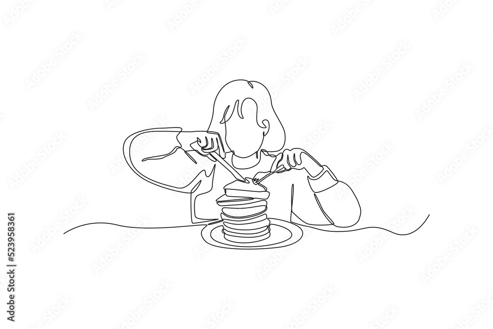 Single one line drawing young beautiful girl which eats a sandwich. World food day concept. Continuous line draw design graphic vector illustration.