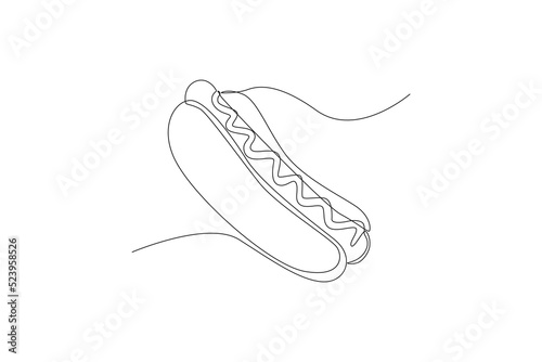 Single one line drawing Hot dog with ketchup and mustard. World food day concept. Continuous line draw design graphic vector illustration.