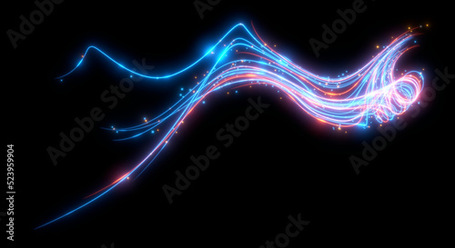 Abstract background. Beautiful colored lines. Magic sparks. Neon swirls. Glow effect. High tech. Sci Fi technology art.