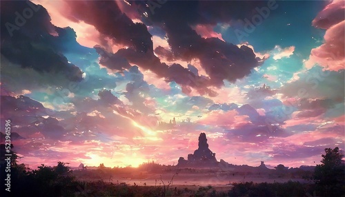 イラスト 夕日 草原 丘 青空 雲 風景