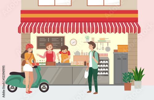 Vector illustration of people queuing up at a Taiwanese breakfast shop in flat style