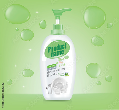 Dish wash soap ads. Realistic plastic dishwashing packaging with label design. Liquid wash soap with clean dishes and water splash. 3d vector illustration