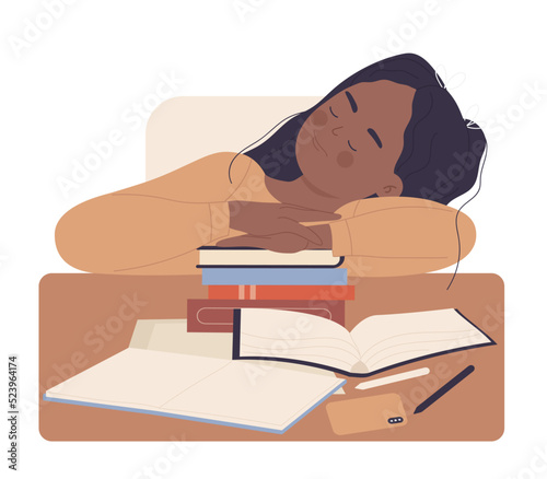 Tired sleeping pupil girl. Little kid exhausted at studying less vector illustration