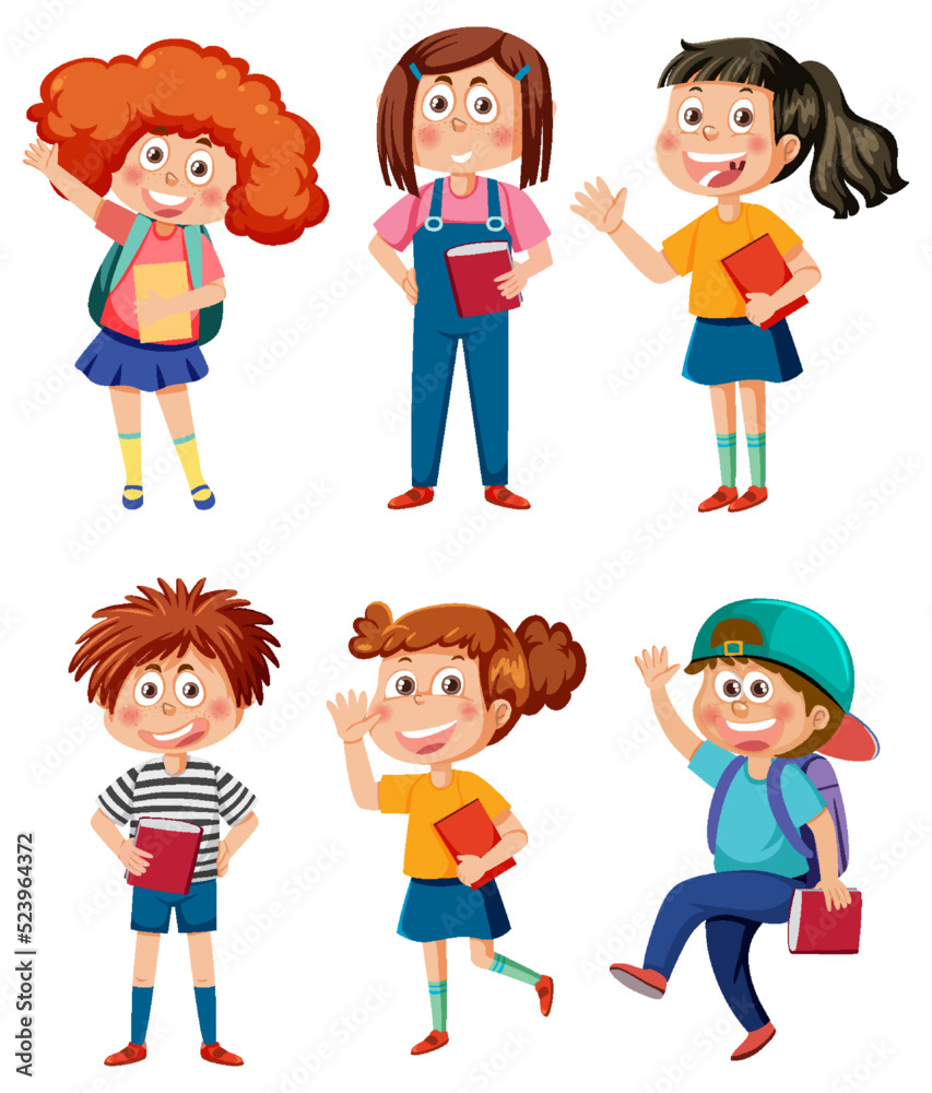 School kids cartoon characters set