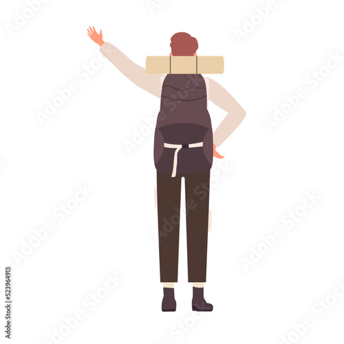 Back view of male tourist with raised hand. Travelling hiker, hiking route equipment vector illustration