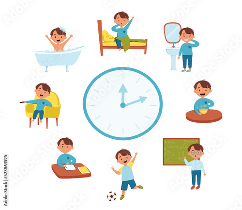 A cute boy in different situationsvector illustration. Daily routine with blue simple watches. Schedule. Day time. Isolated on white background.
