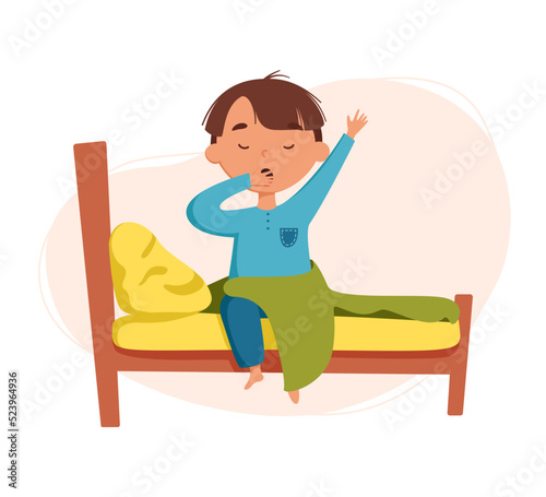Cute boy wake up vector illustration. The child wakes up in his bed. Daily routine. Schedule. Illustration on abstract background