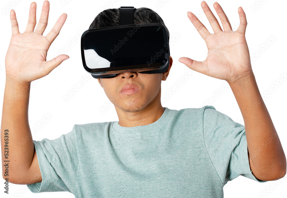 Young man using VR virtual reality headset.