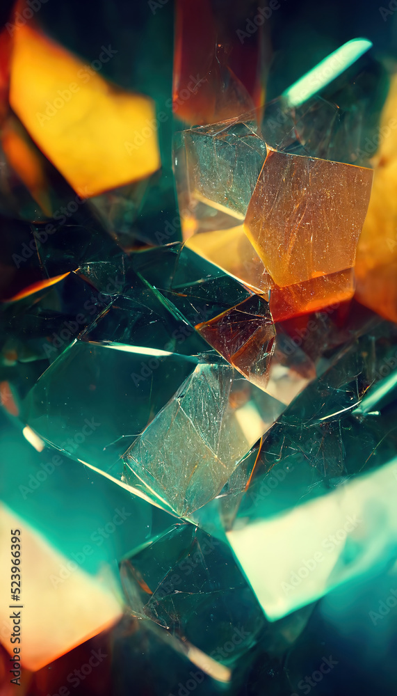 Glass crystals and prisms with color spectrum rays. Abstract optic art background. 3D illustration. Glass crystals and prisms with color spectrum rays. Abstract optic art background. 3D illustration.