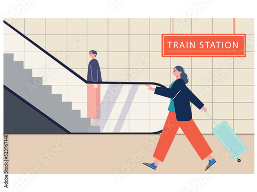 Many activities in the railway station. A man is on the escalator and a woman is walking with suitcases. Ai vector illustration