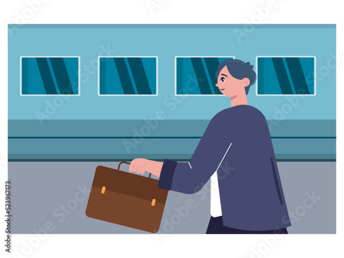 A man walking to the train to going his office. He goes to office with bring a brown bag. Ai vector illustration	