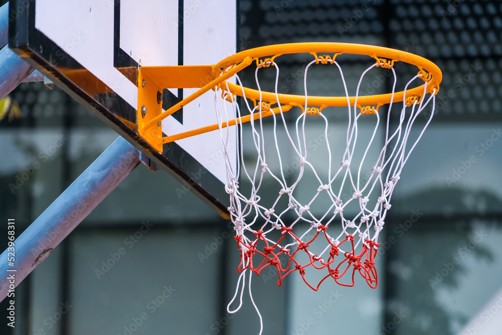 A view of a basketball hoop and background at an outdoor park.