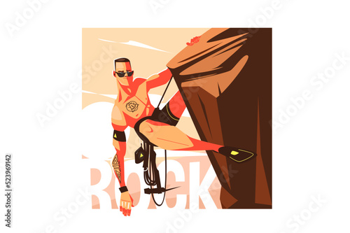 Strong topless rock climber man