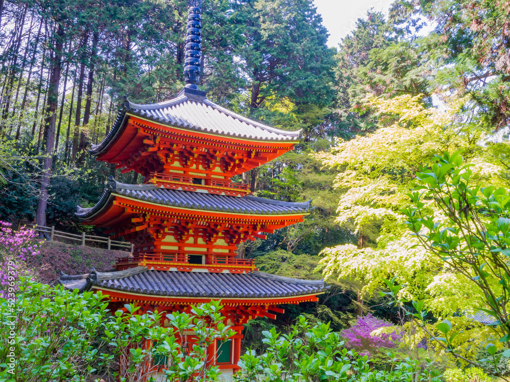 Three-storied pagoda at the Gansen-ji Tempke in Kizugawa City, Kyoto, Important Cultural Property of Japan Three-storied pagoda at the Gansen-ji Tempke in Kizugawa City, Kyoto, Important Cultural Property of Japan