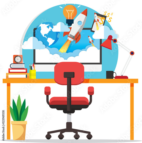 Startup workplace, Business concept with rocket, Rocket launch