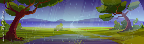 Summer rain wild nature landscape. Cartoon background with green forest trees, lake, puddles and bushes on field under water shower falling from dull grey sky. Storm at wild land, Vector illustration