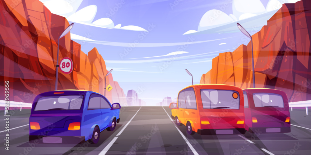 Cars driving road with cartoon rocky mountain landscape. Vector ...