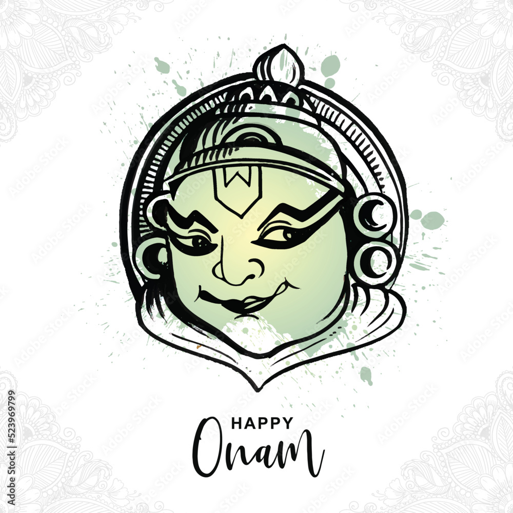 Hand draw happy onam kathakali face illustration on sketch design