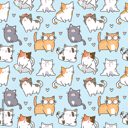 Seamless Pattern with Cute Cat Illustration Design on Light Blue Background