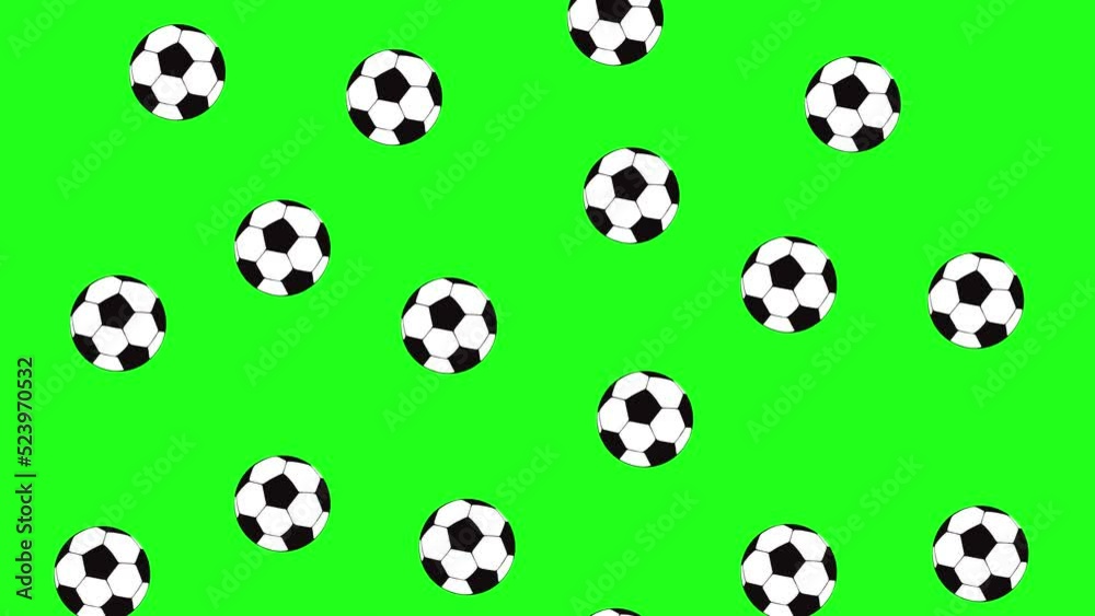 Soccer balls falling through the green screen. Football animation with balls coming down the screen on chroma key background. Sport concept, Brazilian football, leisure Soccer balls falling through the green screen. Football animation with balls coming down the screen on chroma key background. Sport concept, Brazilian football, leisure