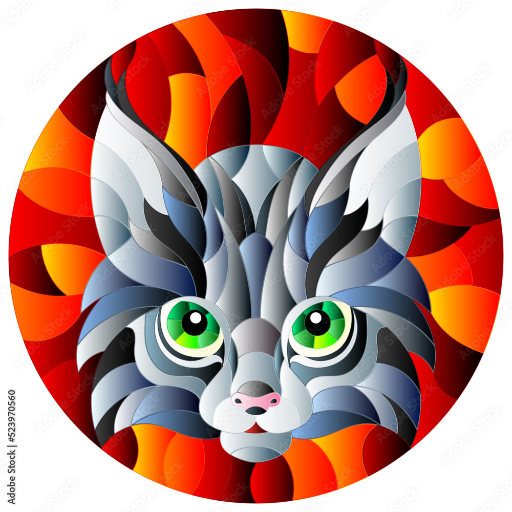The illustration in stained glass style painting with a lynx's head on a red background, round image in bright frame