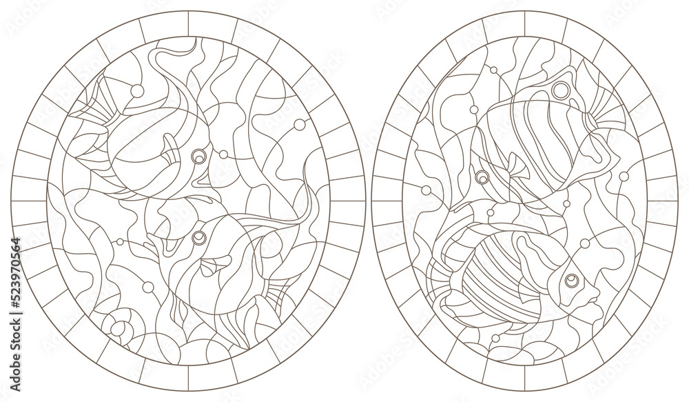 A set of contour illustrations in the stained glass style with fishes on a background of algae, dark contours on a white background A set of contour illustrations in the stained glass style with fishes on a background of algae, dark contours on a white background