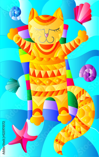 Illustration in stained glass style with a funny cat sunbathingon an inflatable mattress in the middle of the waves and  shells