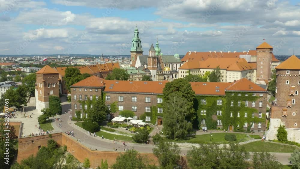 Cinematic Aerial Flight Above Wawel Royal Castle on Hot Summer Day in Poland Cinematic Aerial Flight Above Wawel Royal Castle on Hot Summer Day in Poland