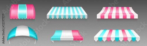 Shop, cafe or market canopy, awning with white, blue and pink stripes. Striped sunshade for grocery, candy store or stall with ice cream or cotton candy, vector realistic 3d illustration