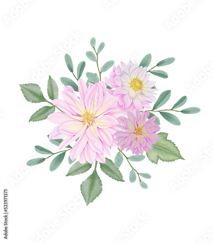 Fototapeta Naklejka Na Ścianę i Meble -  Pink flowers watercolor dahlia illustration. pink dahlia isolated on white background.