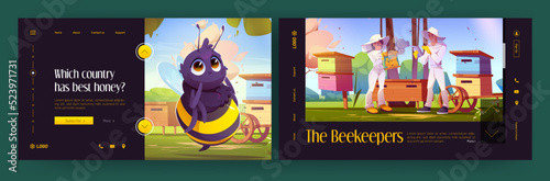 Beekeeping landing page vector templates. Cartoon illustration of male and female characters working near hives in summer, gathering honey, funny bee against apiculture farm. Organic food production