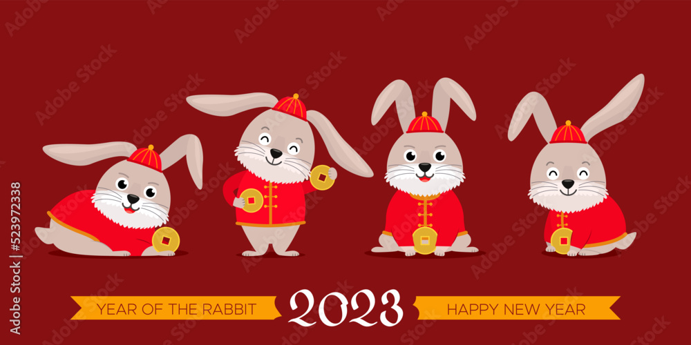 set of cute rabbits in traditional chinese costume with golden money. happy chinese new year. 2023 greeting card.