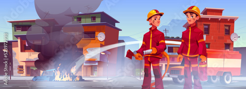 Firefighters extinguish burning car on city street. Truck fight with fire pouring water on flame at house yard. Rescuers wearing uniform and helmets holding hose and axe, Cartoon vector illustration
