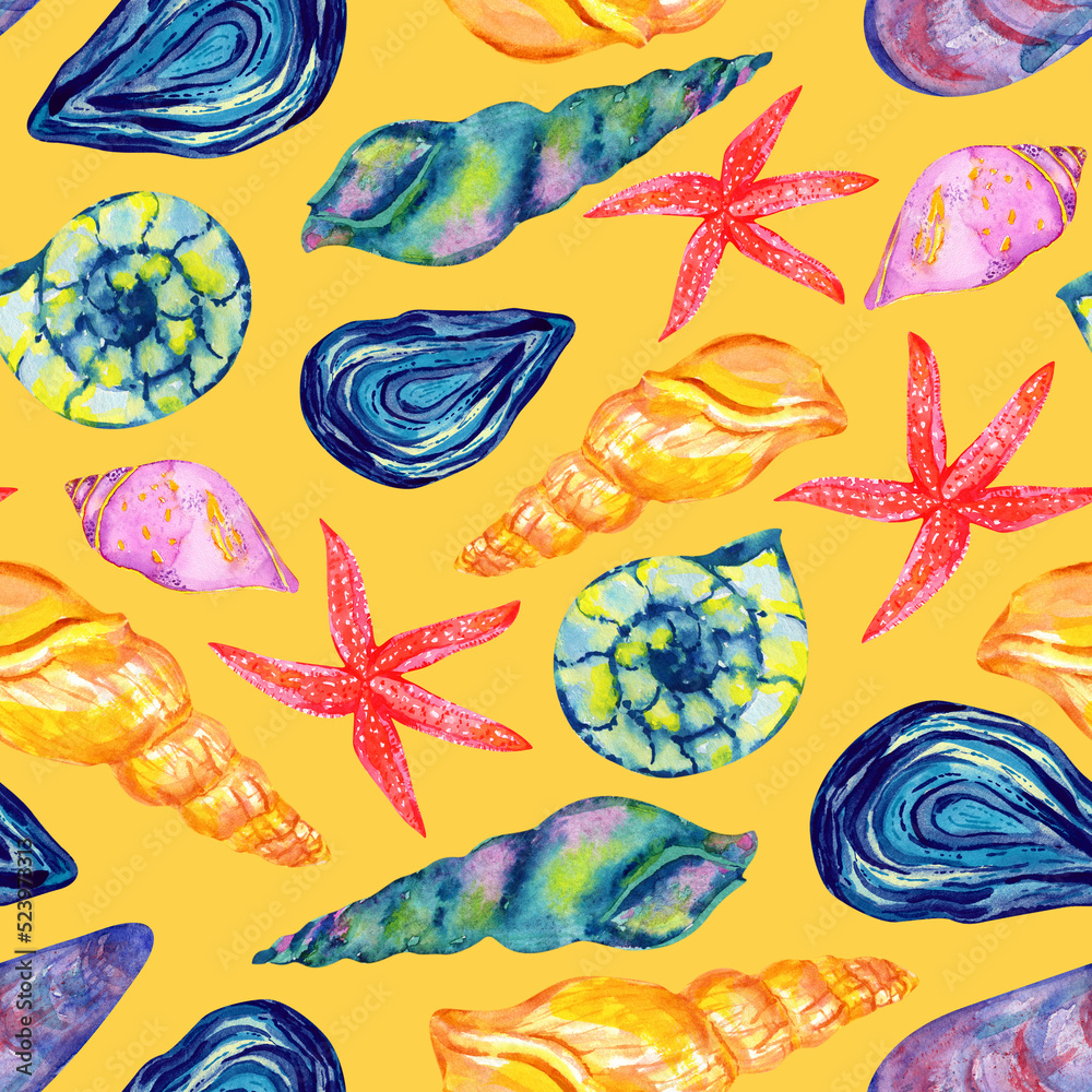 Naklejka premium Shells and starfish on yellow sand. Seashells seamless pattern