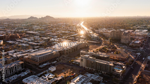 Aerial sunset view of the Salt River Canal and downtown area of Scottsdale  Arizona  USA.
