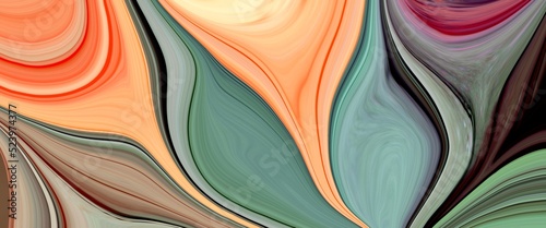 Fototapeta Naklejka Na Ścianę i Meble -  Colorful abstract hand painted art with green and soft peach color accent, leaf aclohol ink, luxury liquid design on the black background, curved structure, relax concept, fluid texture