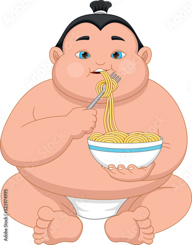 cartoon cute sumo wrestler eating noodle