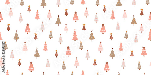Pastel Christmas pattern. Pastel Christmas tree. Pink Christmas tree seamless pattern. Cute childish fir tree background. Vector winter forest. Pastel Christmas illustration. Pink winter background