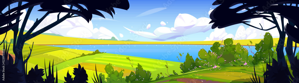 Cartoon nature landscape, summer forest panoramic background with lake, trees, bushes and green rural fields under blue sky with fluffy clouds, scenery woodland at day time, Vector illustration