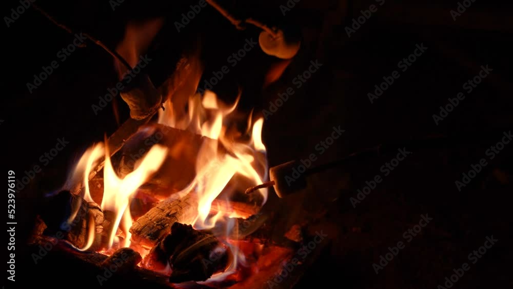 Closeup of roasting marshmallows on sticks in campfire at night, camping tradition Closeup of roasting marshmallows on sticks in campfire at night, camping tradition