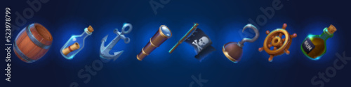 Pirate game icons, cartoon flag with jolly roger skull, spyglass, anchor, message in glass bottle, rum flask, steering wheel and wooden barrel isolated user interface elements, Vector illustration set