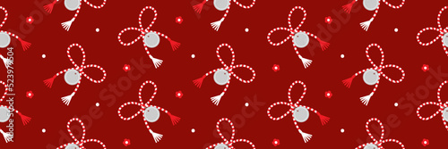 Wide horizontal vector seamless pattern background with martisor talismans, gifts, traditional accessories for Martisor holiday celebration.

