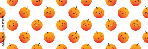 Wide horizontal vector seamless pattern background with cute happy orange fruit characters for food and nature design. 