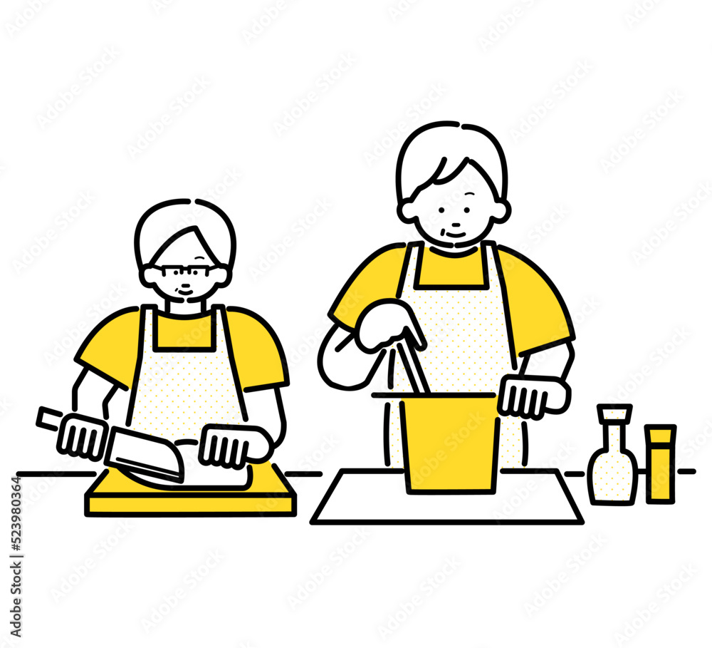 料理をする年配の夫婦のイラスト 料理をする年配の夫婦のイラスト